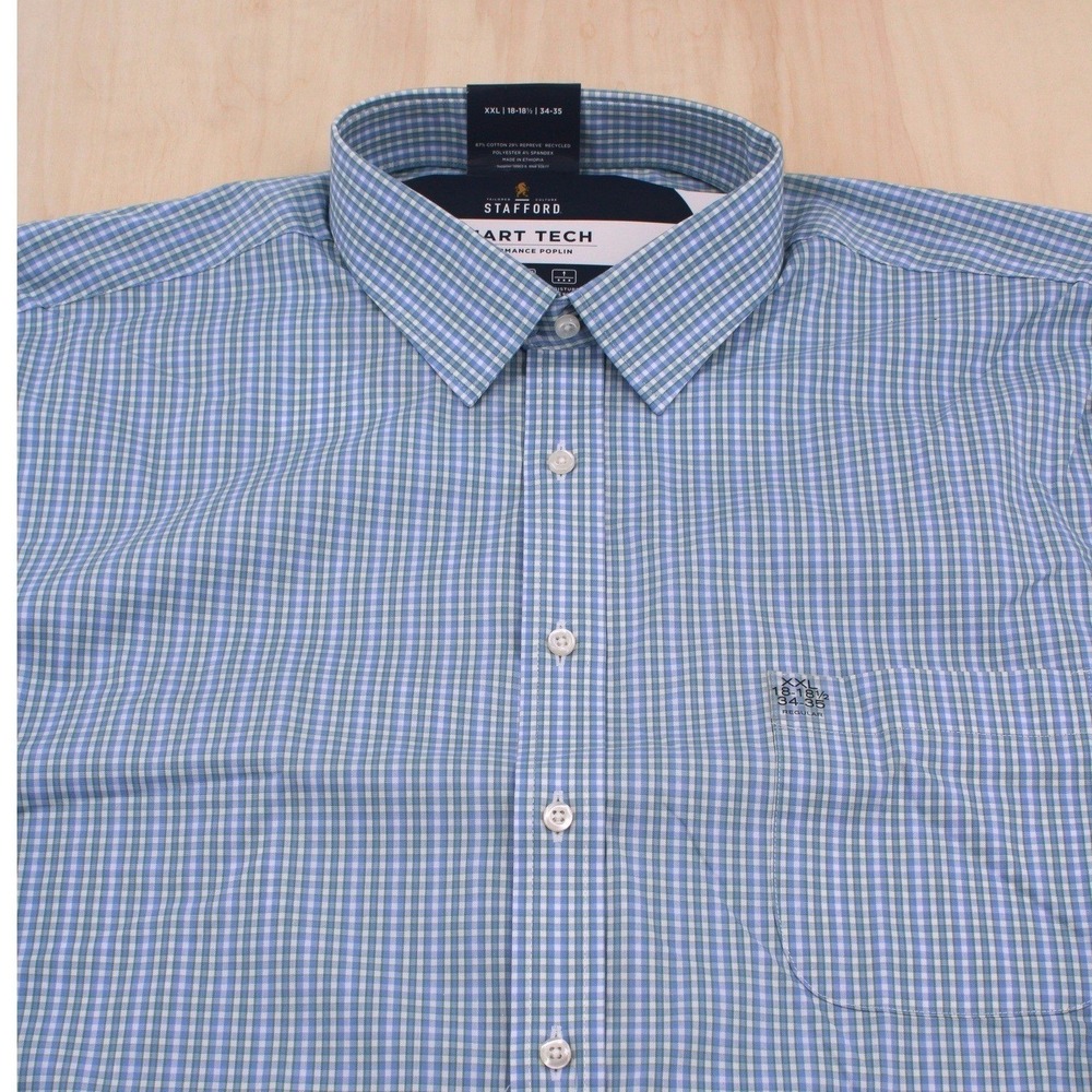 Stafford‎ Button Down Shirt Mens XXL Blue Green Check Smart Tech Performance New